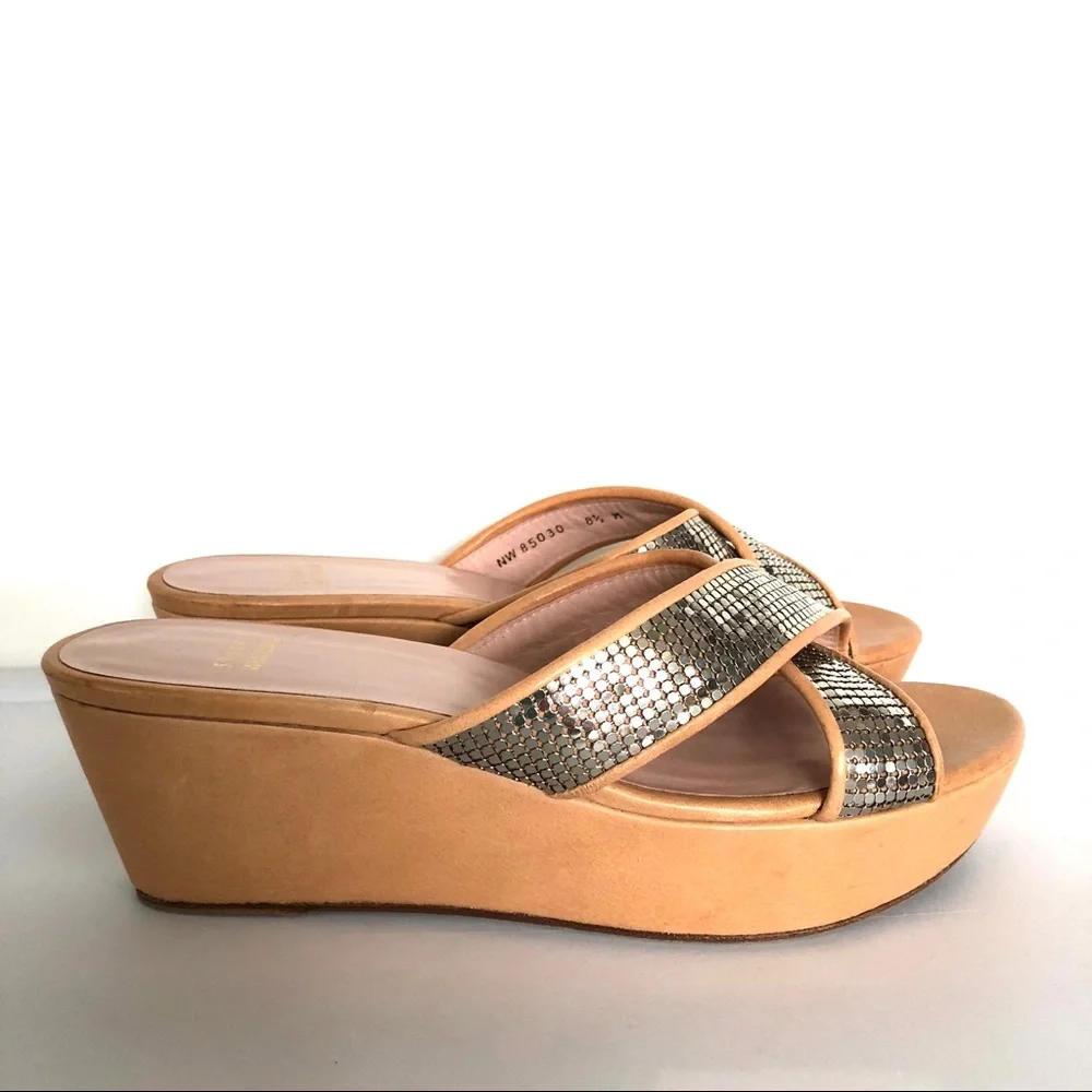 Stuart Weitzman Tan Platform Wedges with Metallic Snake-Print Straps